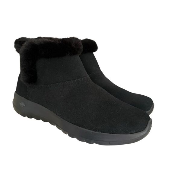 Skechers Womens On The Go Black Suede Pull On Winter Ankle Boots Faux Fur Size 7 - Picture 4 of 12